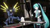 hatsune miku is standing in front of a table with a robot behind her