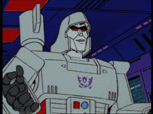 a cartoon drawing of a robot with a purple and black emblem on his chest