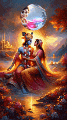 a painting of a man and a woman sitting next to each other in front of a body of water