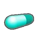 a blue and white capsule with a hole in the middle is on a white background .