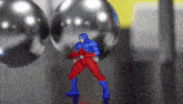 a pixel art of a man in a red and blue outfit