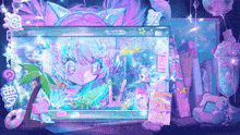 a computer screen shows a girl in a fish tank and a sign that says " i love you "