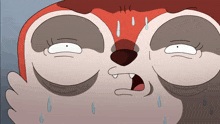 a close up of a cartoon sloth 's face with sweat dripping from it