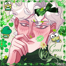 a drawing of a man with a green bow on his head and the words good morning on the bottom