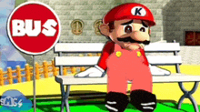 a cartoon of mario sitting on a bench next to a sign that says bus