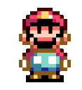 a pixel art of a man with a red hat and blue shorts