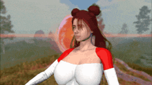 a computer generated image of a woman with red hair wearing a white top and red sleeves