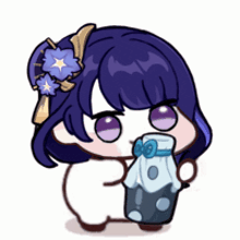 a cartoon character with purple hair is holding a bottle of liquid .