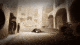 a cartoon drawing of a man laying on the floor in a building