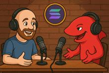 a cartoon drawing of a man and a red monster talking into microphones