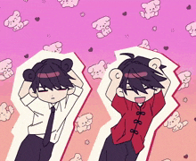 a cartoon drawing of two boys laying on a pink background