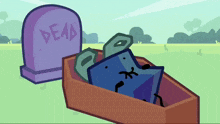 a cartoon of a coffin with a gravestone that says dead