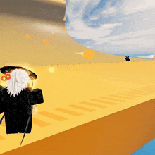 a person in a video game with a sword and a hat with a number 8 on it