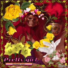a picture of a skeleton surrounded by yellow roses and hearts with the caption pretty girl doomed yuri
