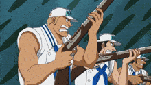 a man in a white hat with the letter h on it holds a gun