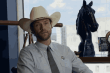 a man wearing a cowboy hat sits in front of a statue of a black horse