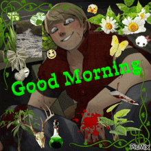 a picture of a man with a knife and the words " good morning " on it
