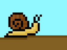 a pixel art drawing of a snail with a blue sky in the background