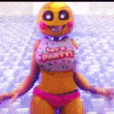 chica from five nights at freddy 's is wearing a let 's party shirt and pink underwear .