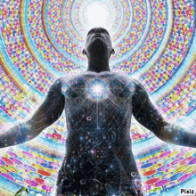 a man with his arms outstretched is surrounded by a colorful background that says pixiz on it