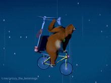 a grizzly bear is riding a bicycle with a propeller attached to its back