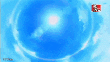a group of cartoon characters are flying through the air in a blue circle .