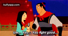 a cartoon of a man and a woman talking to each other with the words um you you fight good