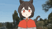 a cartoon girl with cat ears and a red cape is standing in a forest .