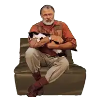 a man with a beard is sitting on a chair holding a cat in his arms
