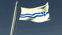 a white flag with blue stripes and a flower on it