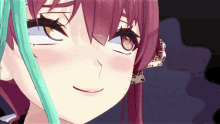 a close up of a girl 's face with pink hair and green hair