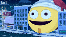 a cartoon of a smiley face wearing a santa hat in front of an asylum building