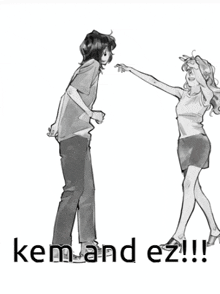 a black and white drawing of a man and a woman dancing with the words kem and ez !! below them