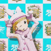 a girl in a pink coat and white hat is standing in front of a blue background .