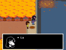 a pixel art video game shows a girl standing next to a man holding a cup of coffee .