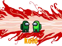 two green among us characters are standing next to each other in front of a bloody background and the name kole is on the bottom