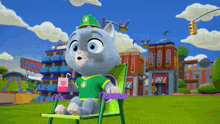 a cartoon cat is sitting in a chair holding a bottle of milk .
