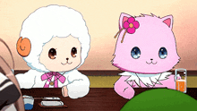 a white sheep and a pink cat sitting at a table