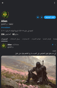 a screenshot of a person 's twitter page with a picture of a knight