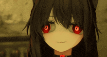 a close up of a girl with red eyes and a skull choker