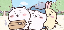 a cartoon of a bear and a rabbit with a box in their hands