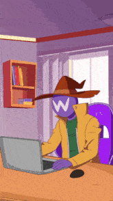 a cartoon character with a w on his face is using a laptop