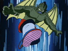 a cartoon drawing of a monster with wings and a blue background