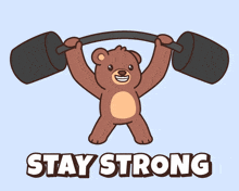 a teddy bear lifting a barbell with the words stay strong written below it