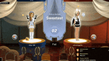 two girls are standing on a stage with a sign that says sweetest on it