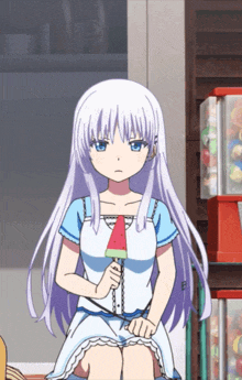 a girl with white hair is holding a watermelon slice