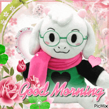 a stuffed animal with glasses and a scarf says good morning on a card