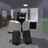 a black cat wearing a white shirt and tie is standing in a room