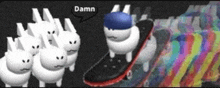 a bunch of white rabbits are standing next to a skateboarder who is wearing a blue hat and says " damn "