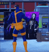 a blue and yellow superhero with a skull on his back